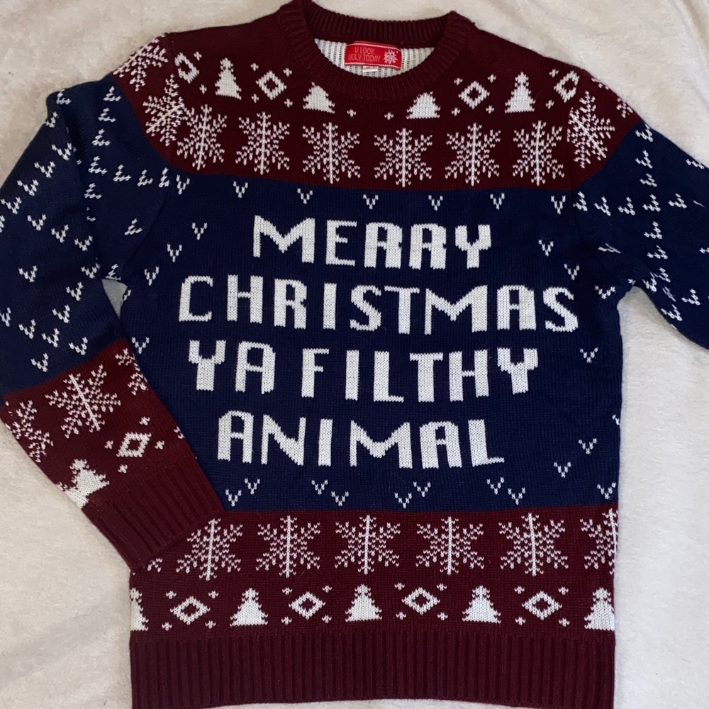 Merry Christmas Ya Filthy Animal Xmas navy burgundy sweater Sz S NWOT